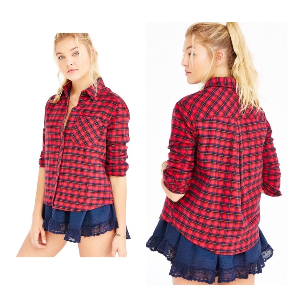 BDG Plaid Button Up Long Sleeve Navy Lace Frill